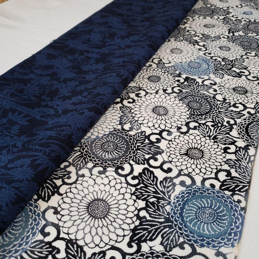 半幅帯 正絹 手差し紅型調 藍染め結城紬 長尺リバーシブル