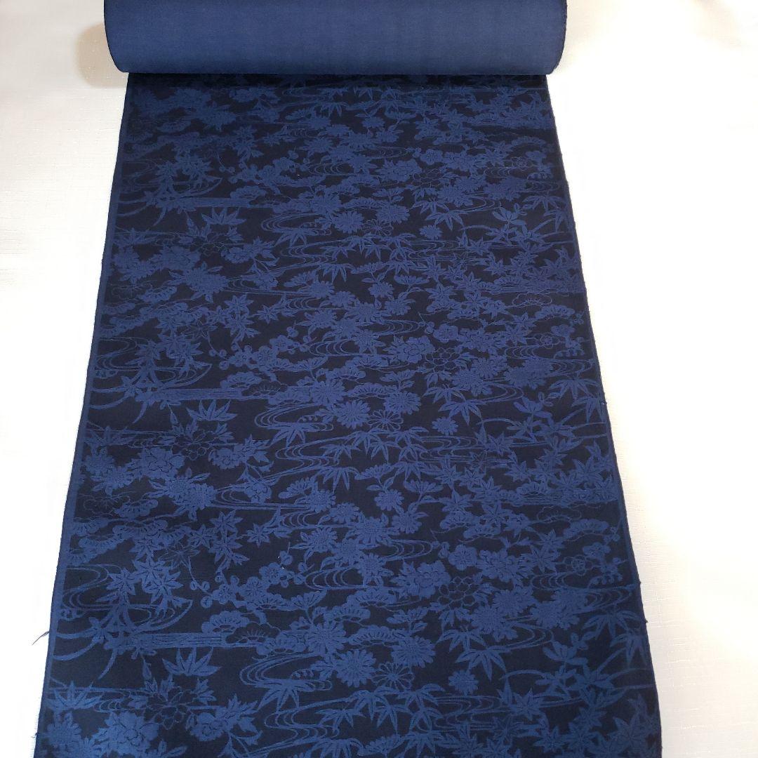半幅帯 正絹 手差し紅型調 藍染め結城紬 長尺リバーシブル