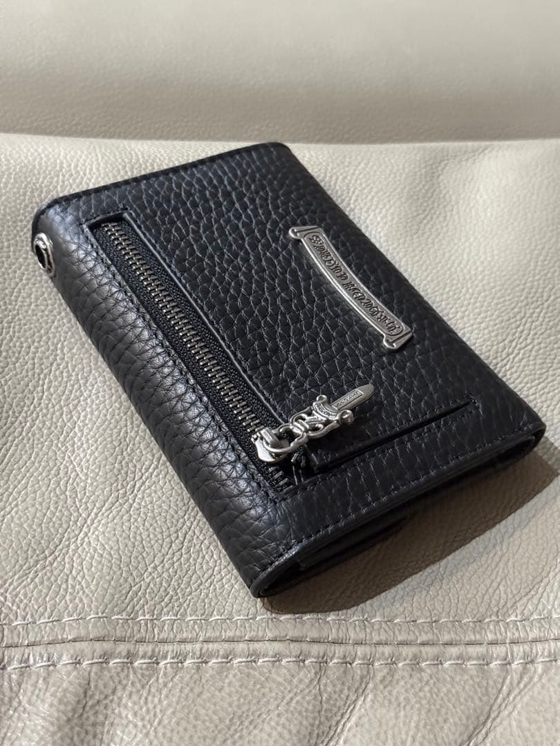 【本革】グレインレザー　クロス　ウォレット　チェーン穴あり　ブラック三つ折り財布