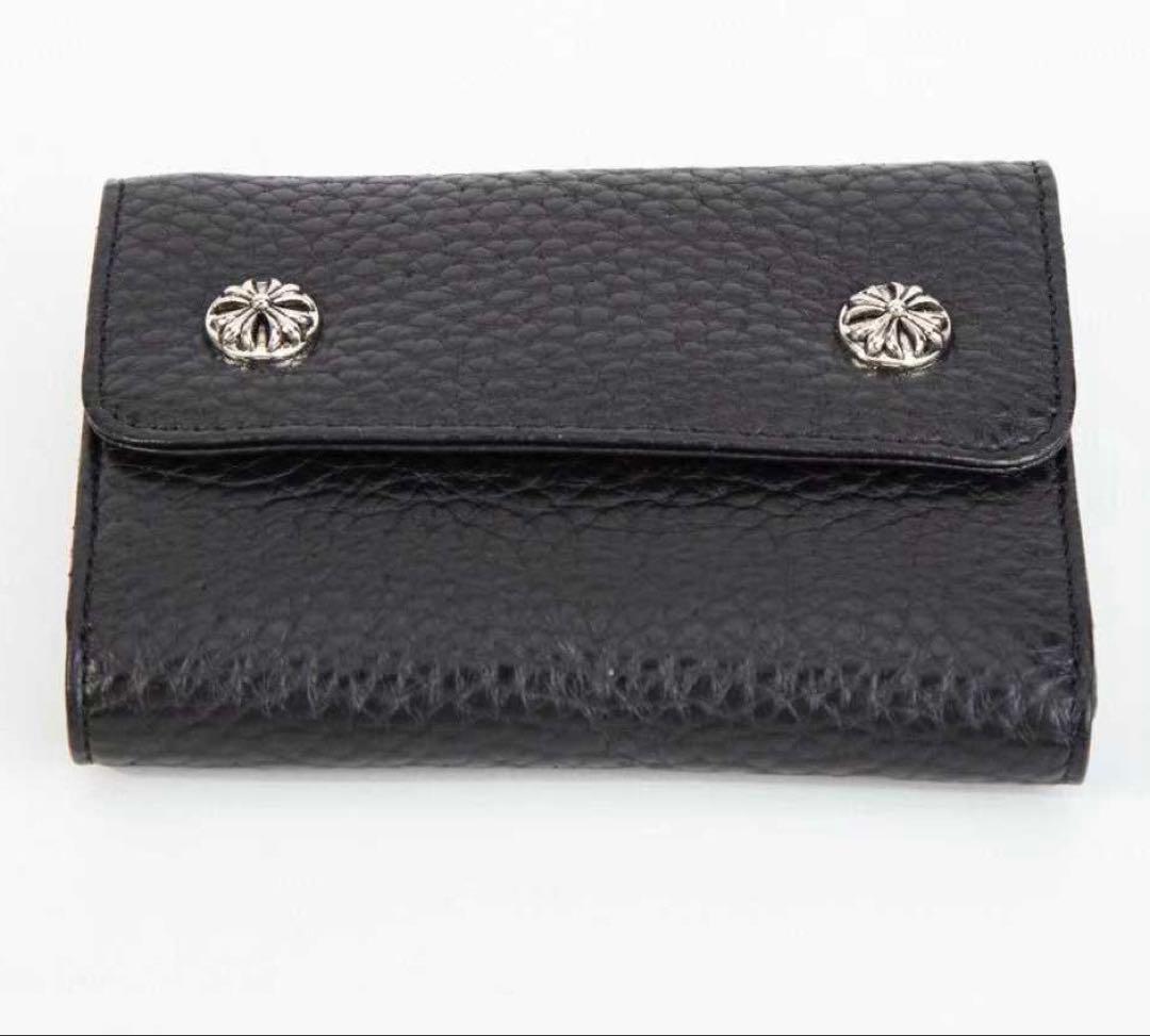 【本革】グレインレザー　クロス　ウォレット　チェーン穴あり　ブラック三つ折り財布