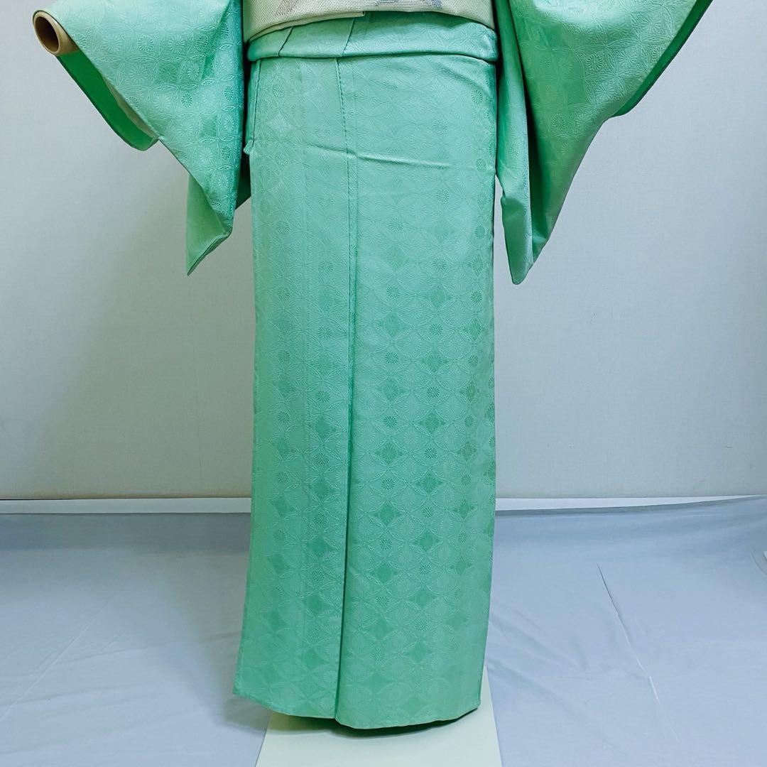 美品　単衣　正絹　紋付　色無地　フルセット　七宝に花菱地紋　西陣唐織袋帯　マ8