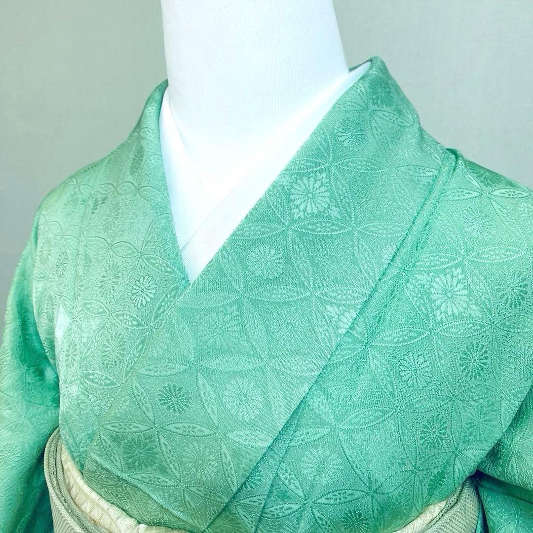 美品　単衣　正絹　紋付　色無地　フルセット　七宝に花菱地紋　西陣唐織袋帯　マ8