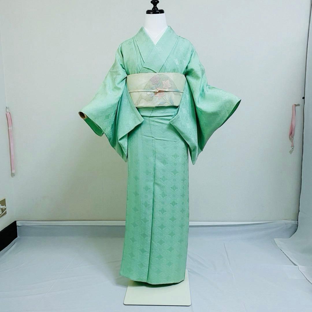 美品　単衣　正絹　紋付　色無地　フルセット　七宝に花菱地紋　西陣唐織袋帯　マ8