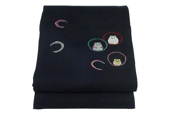 珍柄！未使用品 名古屋帯 ハムスター 可愛い ウール 黒 3m77cm お洒落