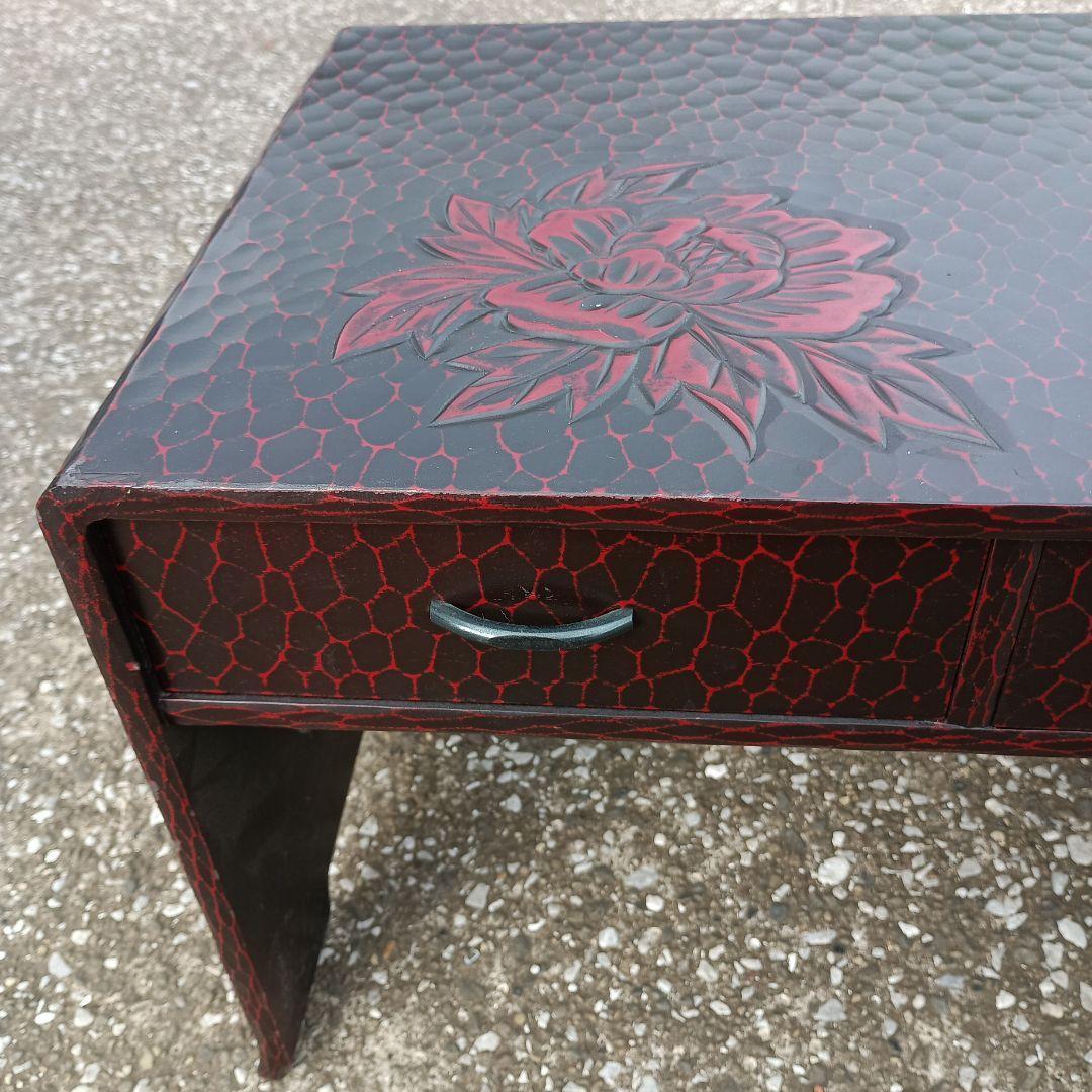 こ*ば様 1502）鎌倉彫の文机　花柄　牡丹　収納あり