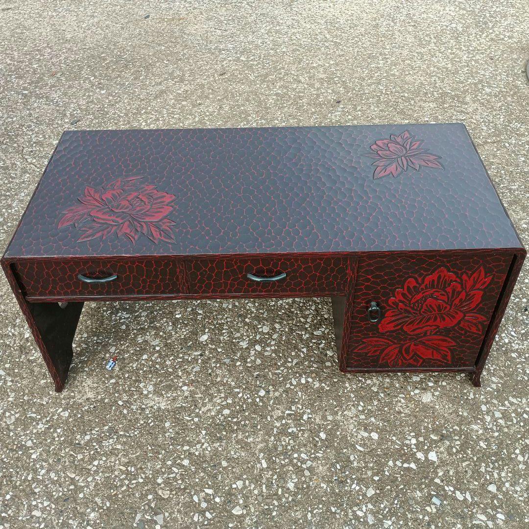 こ*ば様 1502）鎌倉彫の文机　花柄　牡丹　収納あり