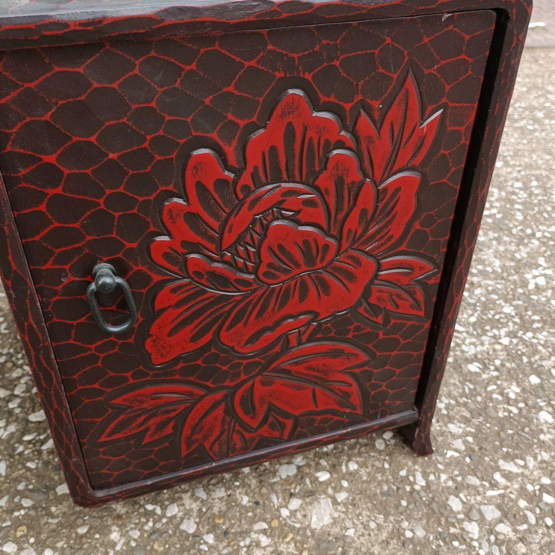 こ*ば様 1502）鎌倉彫の文机　花柄　牡丹　収納あり