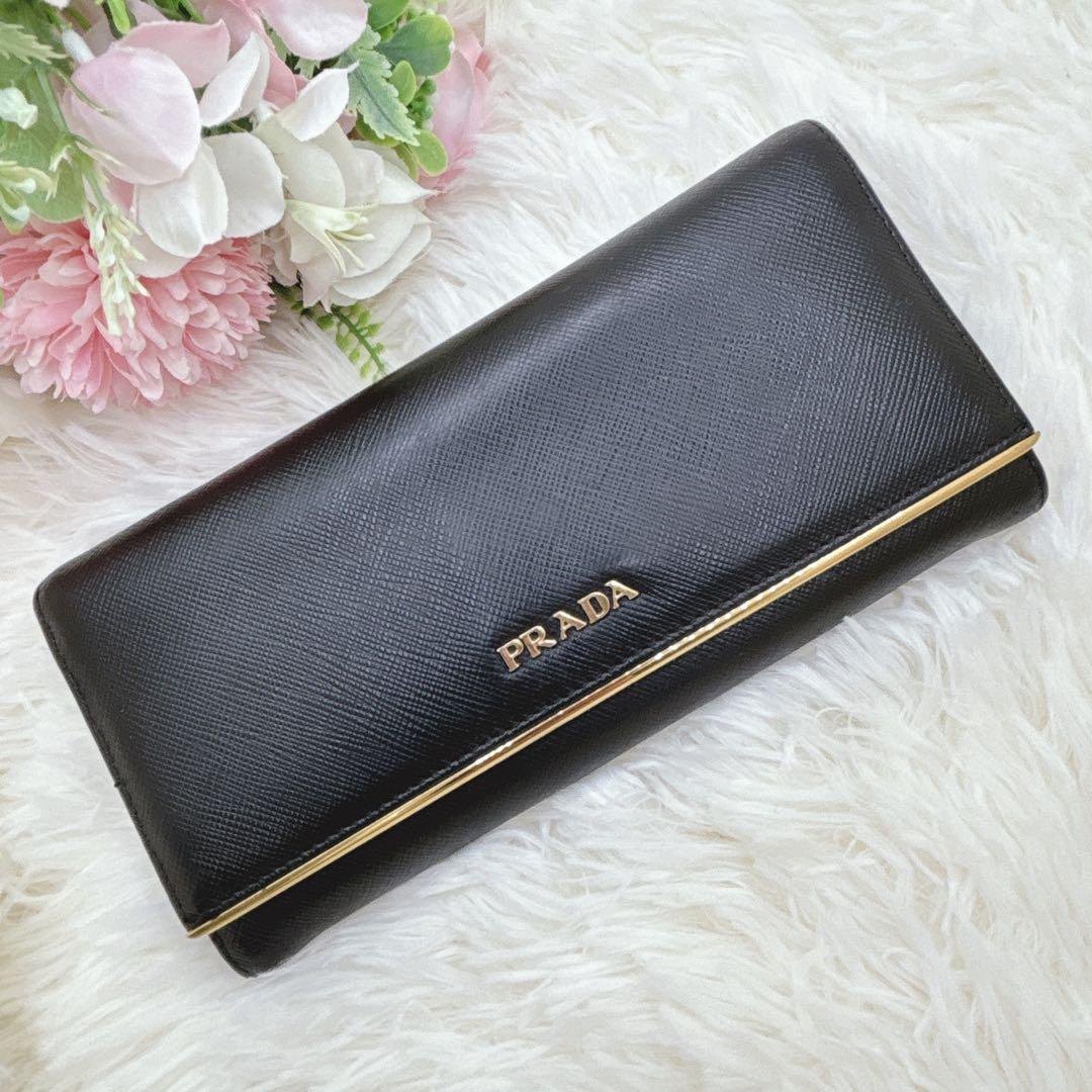 PRADA サフィアーノレザー フラップ 長財布 メタルロゴ ブラック