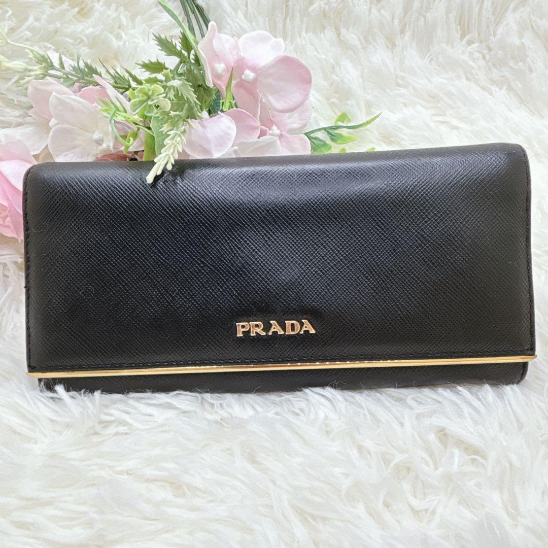 PRADA サフィアーノレザー フラップ 長財布 メタルロゴ ブラック