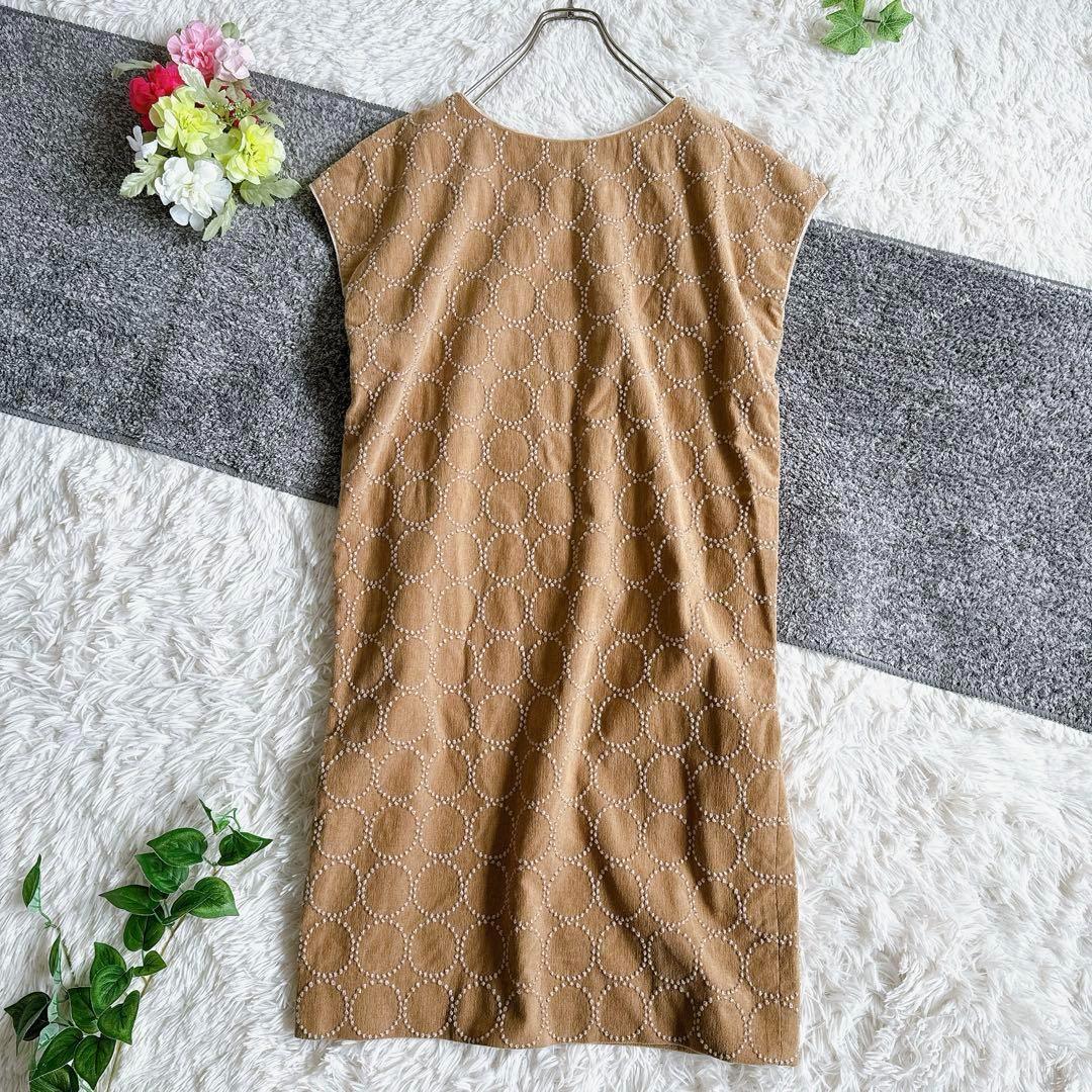 ミナペルホネン ワンピース ノースリーブ タンバリン 総柄 ベージュ 38 M