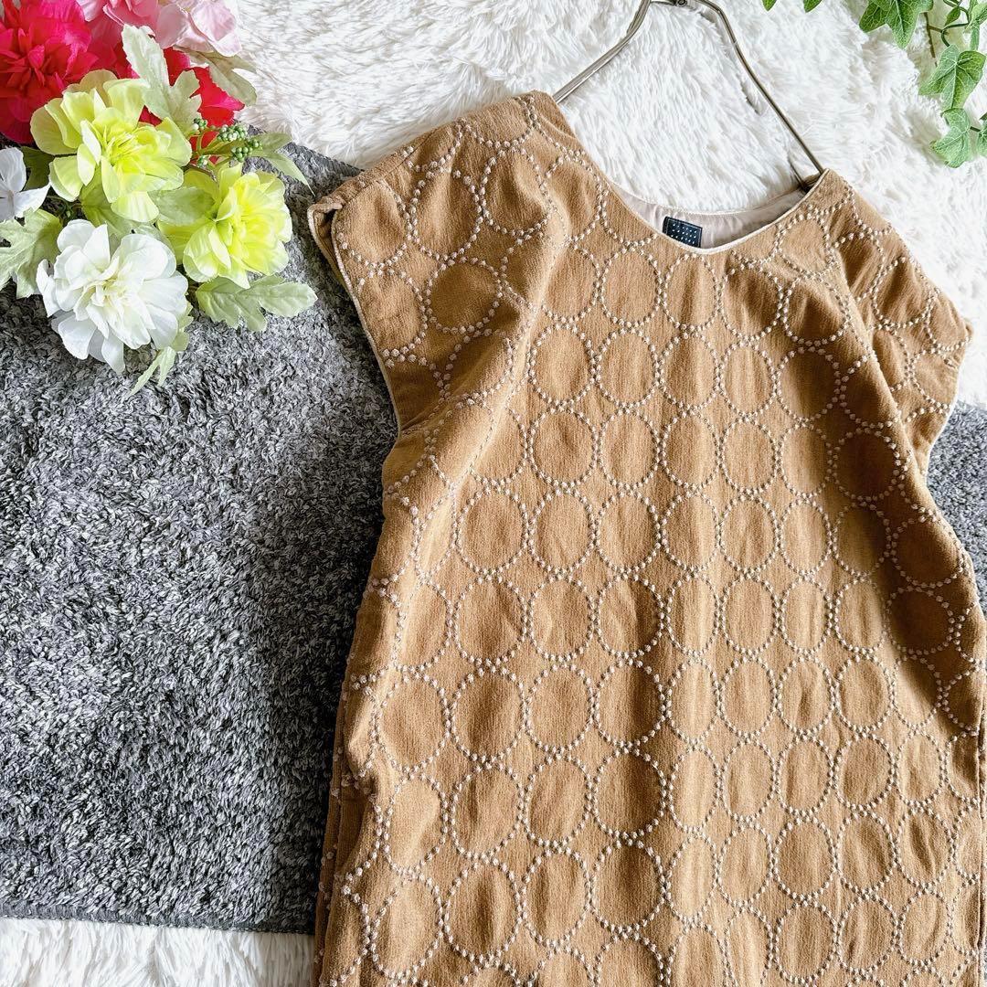 ミナペルホネン ワンピース ノースリーブ タンバリン 総柄 ベージュ 38 M