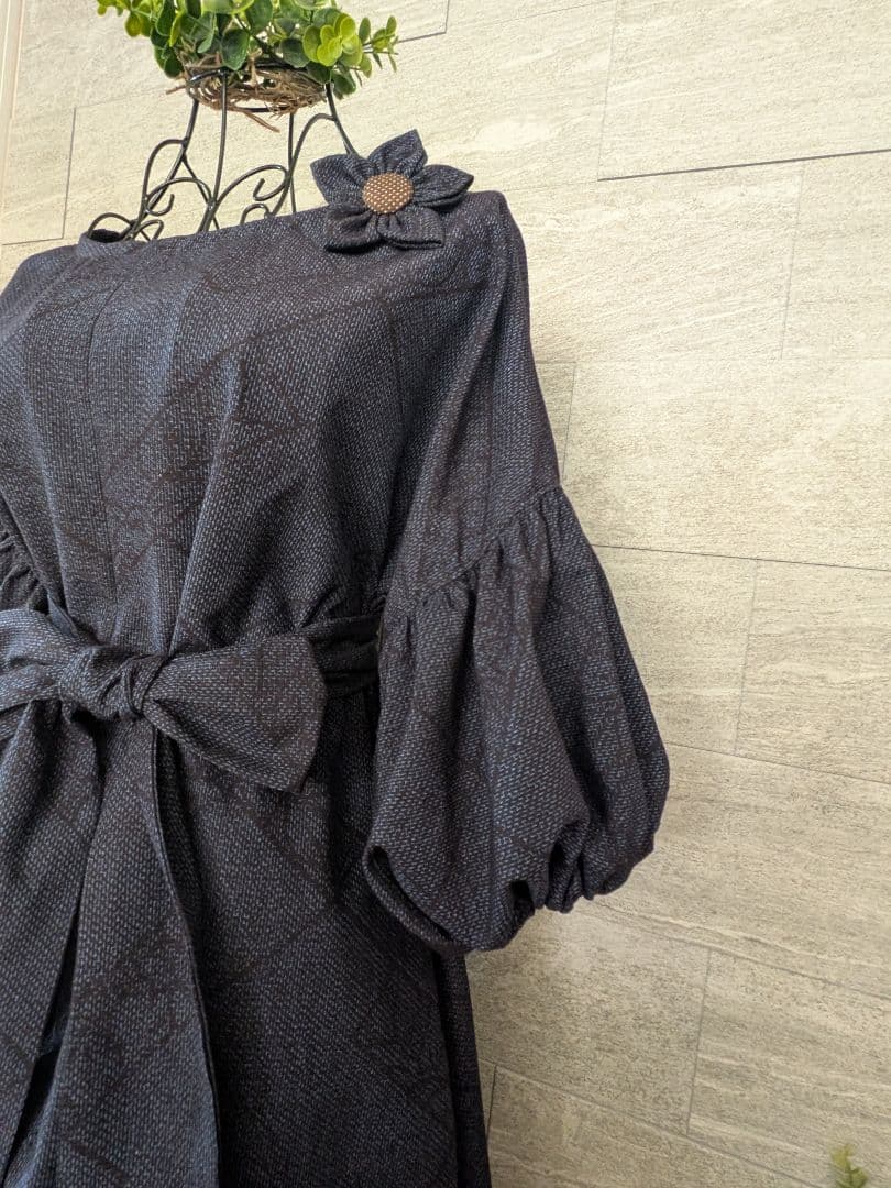 A259結城紬リメイクふんわり2way袖Aラインワンピース★ リボン・ブローチ