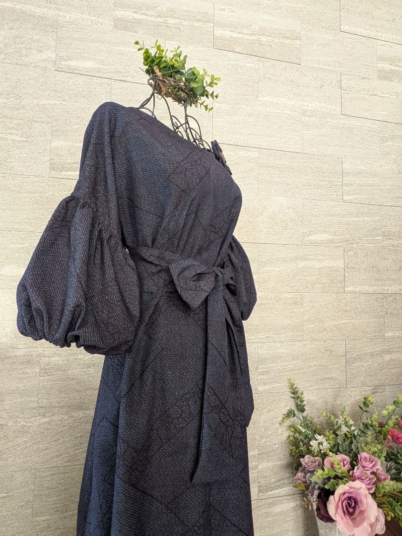 A259結城紬リメイクふんわり2way袖Aラインワンピース★ リボン・ブローチ