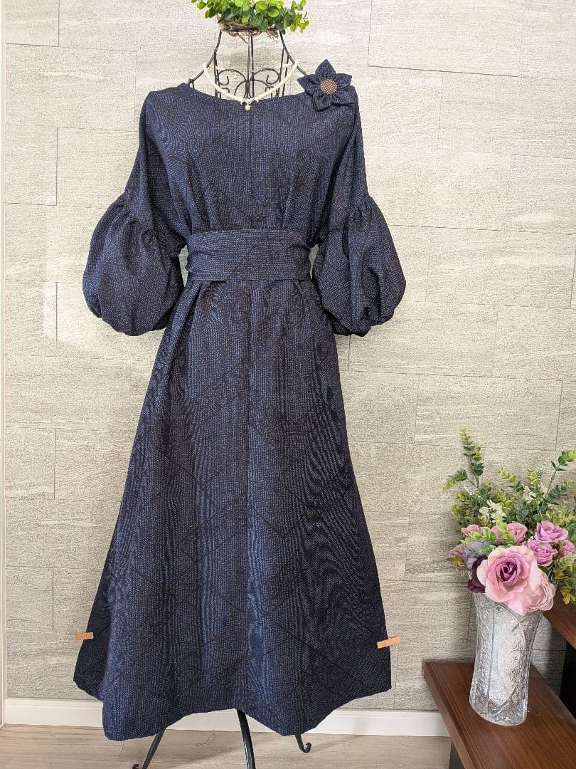 A259結城紬リメイクふんわり2way袖Aラインワンピース★ リボン・ブローチ