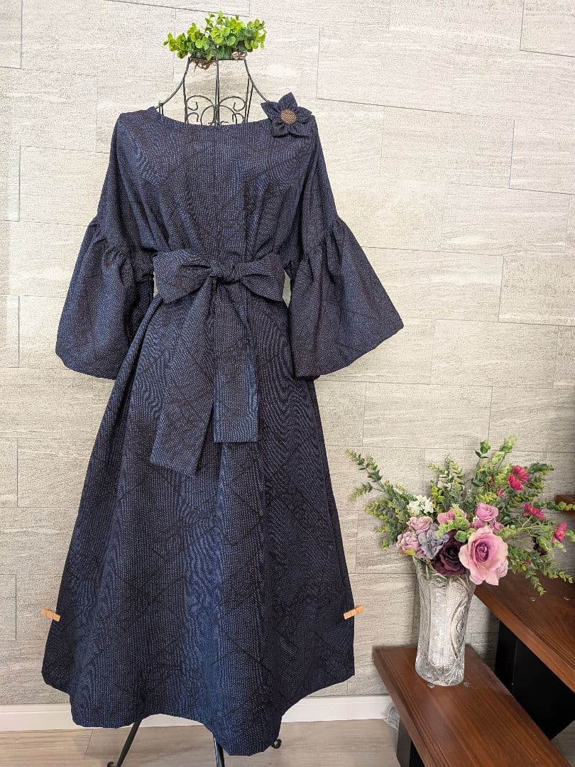 A259結城紬リメイクふんわり2way袖Aラインワンピース★ リボン・ブローチ