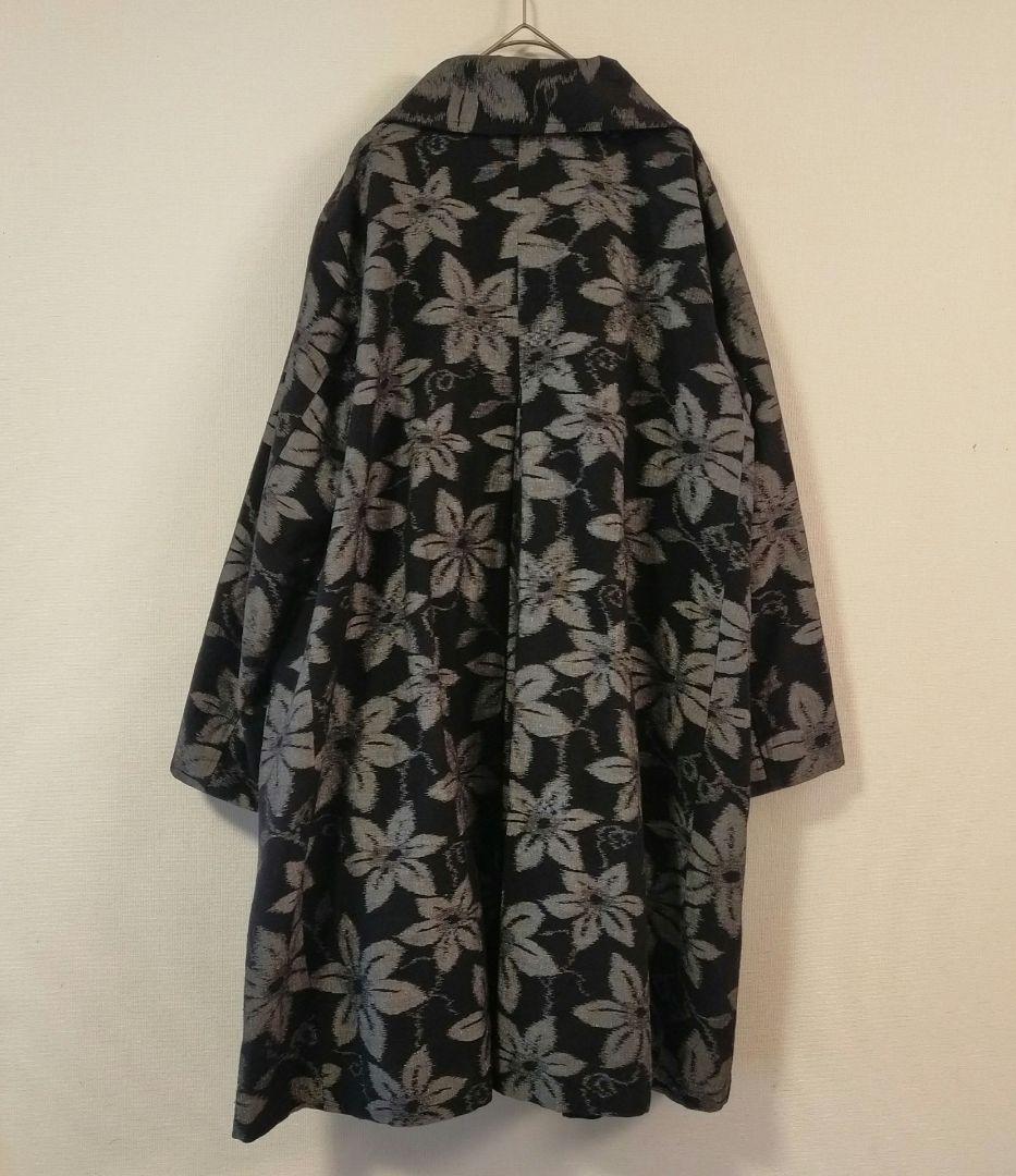 儀右ェ門ギエモン　花柄 黒 ロングコート　久留米絣