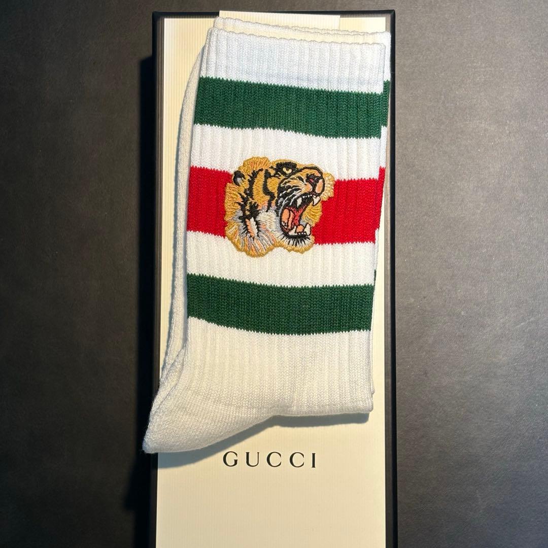 【未使用】グッチ 靴下 タイガー ホワイト ストレッチコットン　24-26cm