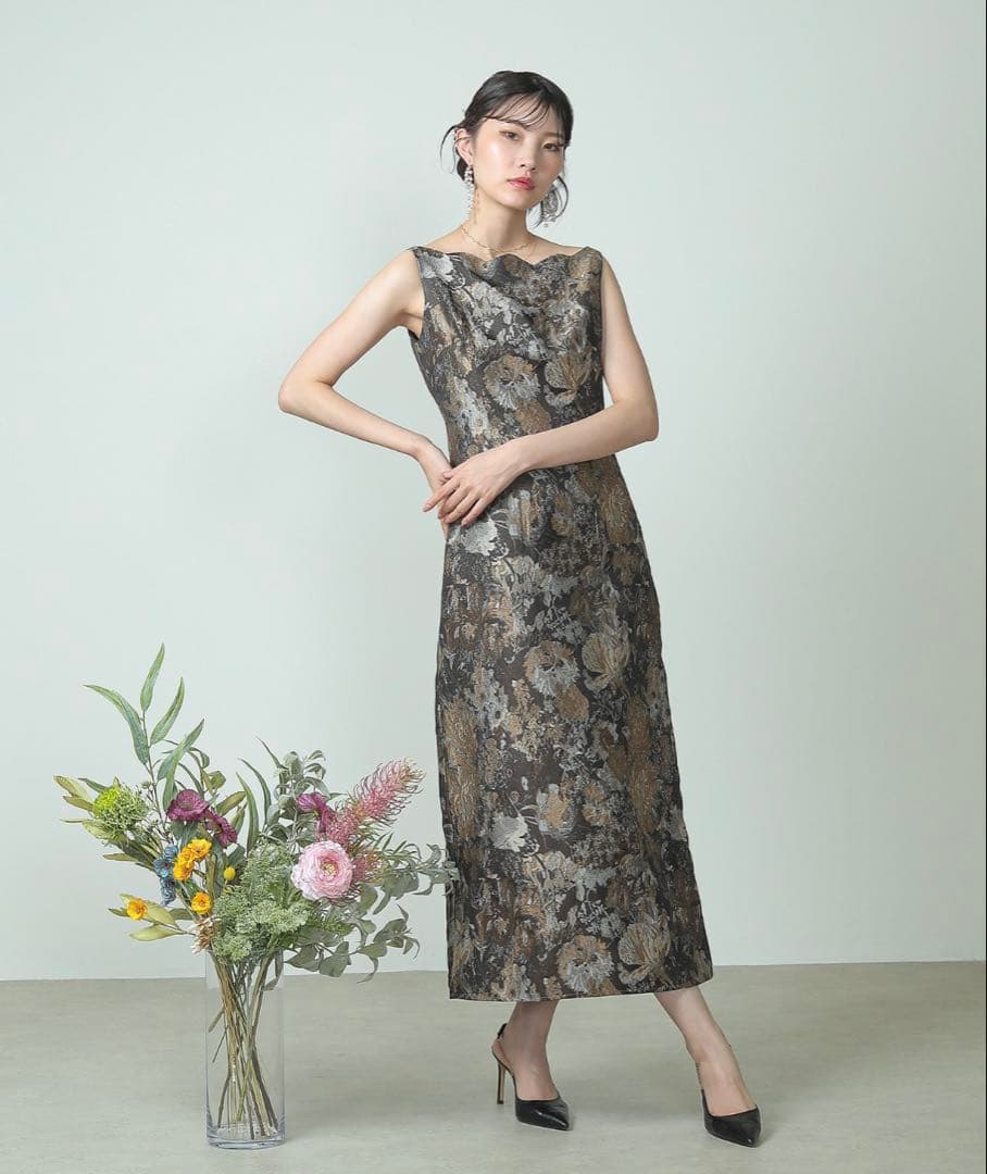 【美品】LE'RURE_ジャガードドレス/ブラウン×ゴールド／値札つき