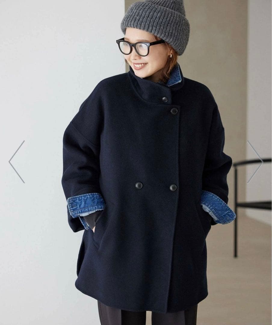 ネイビー ダブルボタン ウールコート