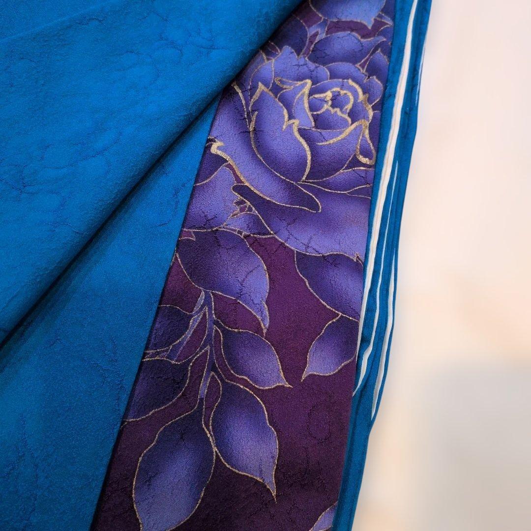 丸昌★着物レア★振袖 青紫 花柄　襦袢、帯付き