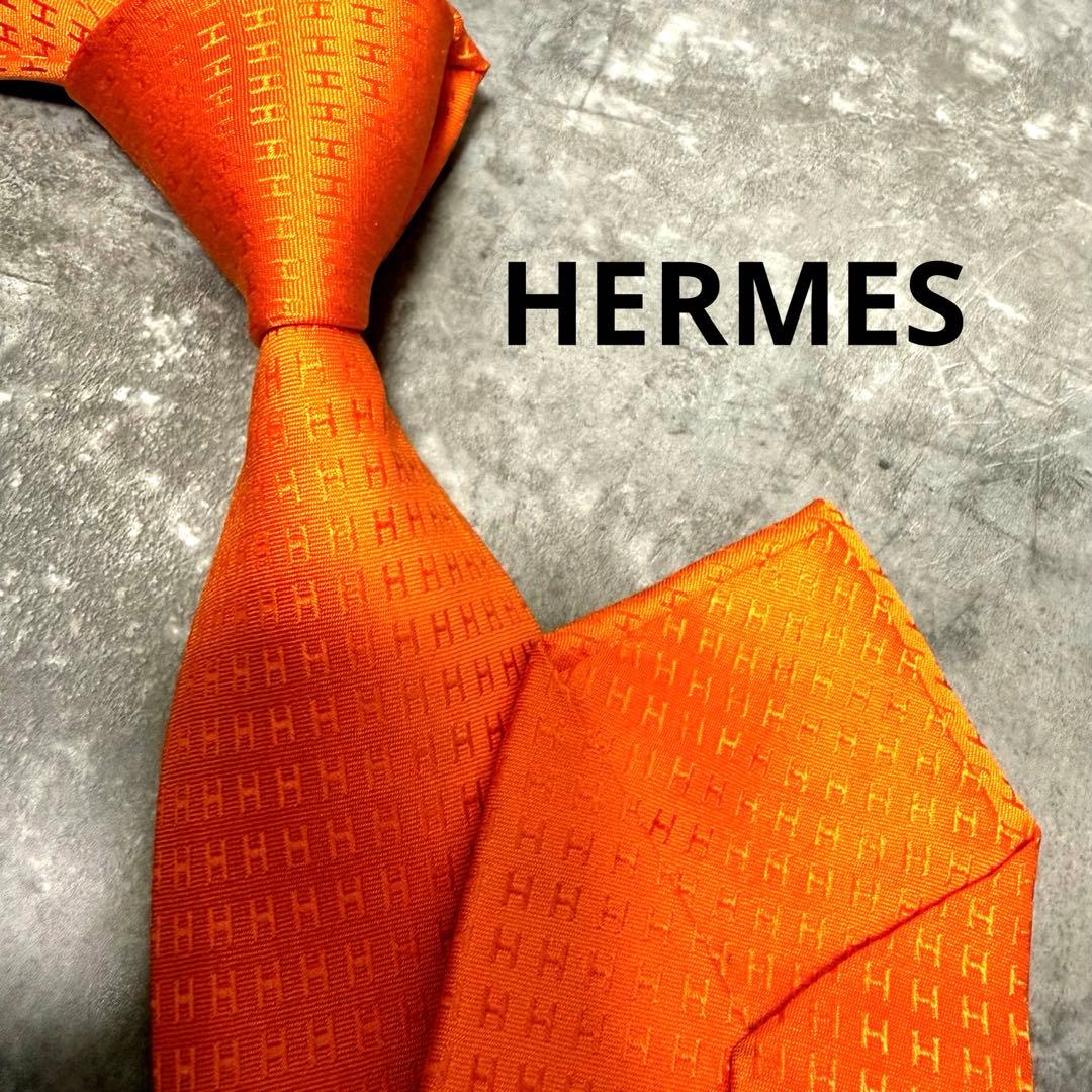 HERMES エルメス ネクタイ オレンジ ファソネ H柄 定番 王道 シルク