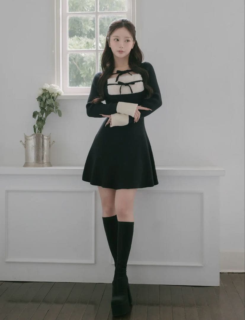 Darich ダーリッチ リボンファーフレアニットミニワンピース