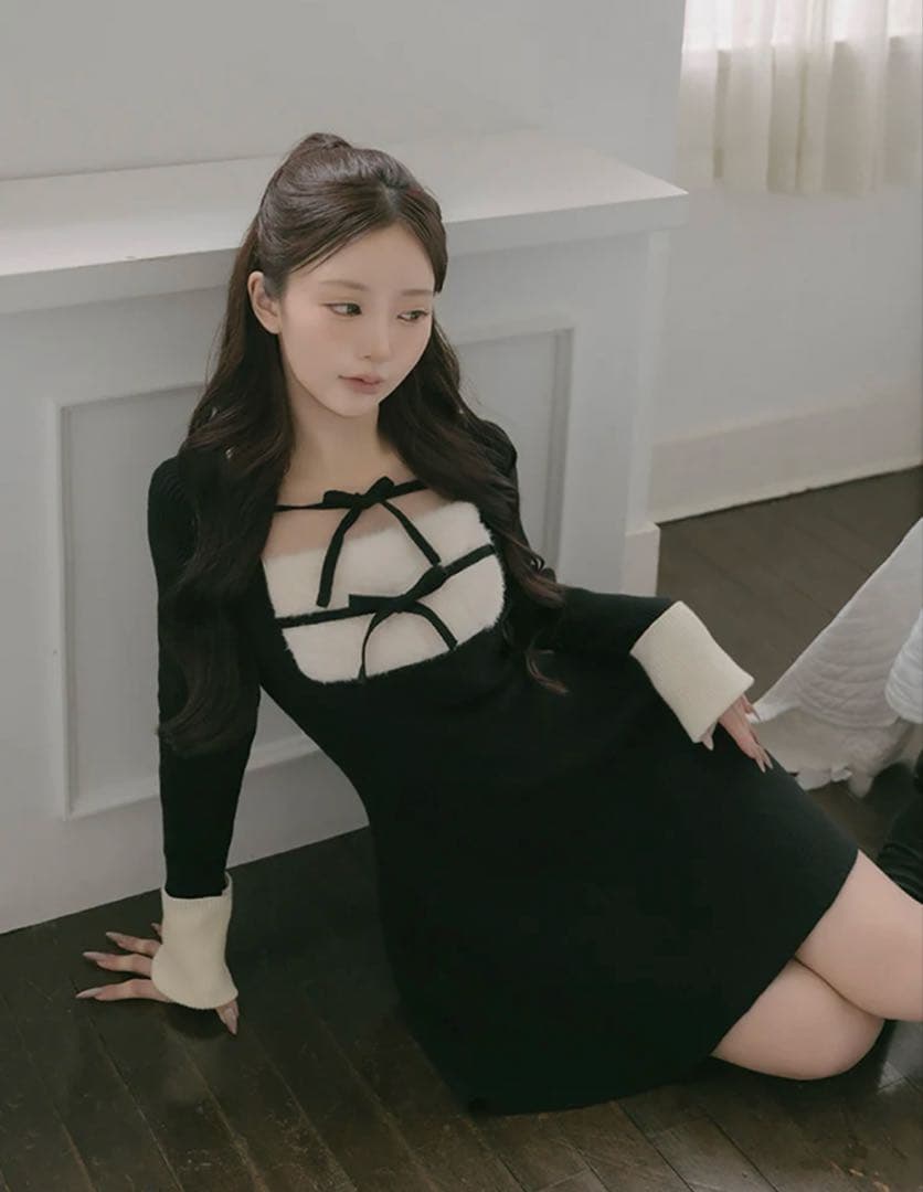 Darich ダーリッチ リボンファーフレアニットミニワンピース