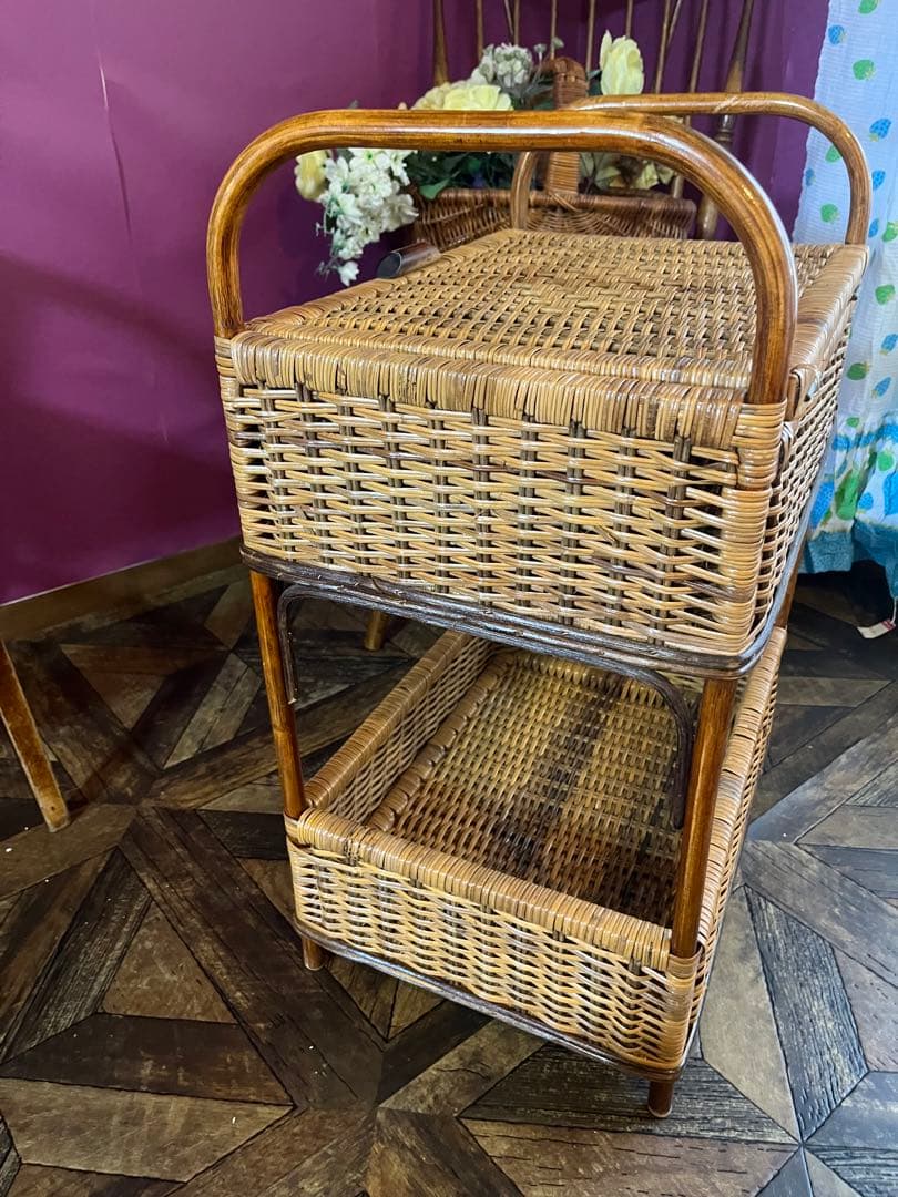 ラタン 籐 2段 ランドリーバスケット 収納かご インテリア 昭和レトロ