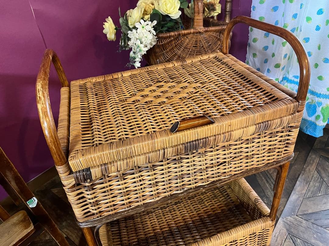 ラタン 籐 2段 ランドリーバスケット 収納かご インテリア 昭和レトロ