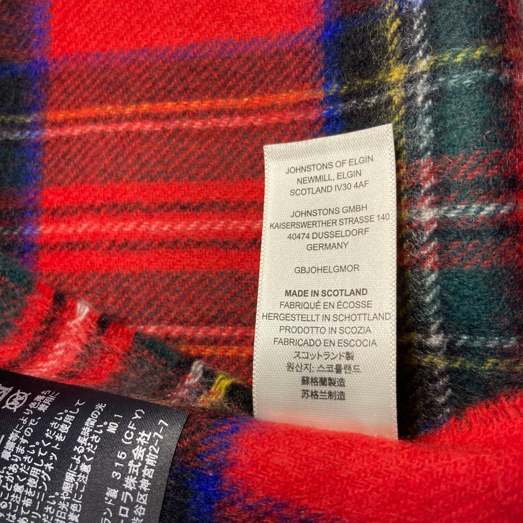 新品 ジョンストンズ カシミヤ100％ マフラー レッド チェック 国内正規品