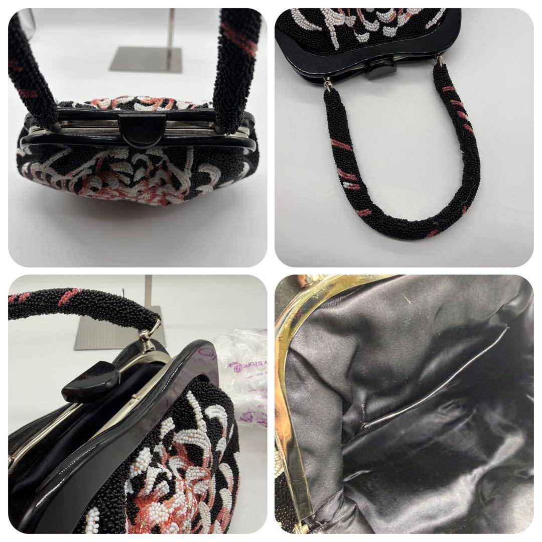 1570 総ビーズ ハンドバッグ 乱菊 黒地 昭和レトロ 和装小物 成人式