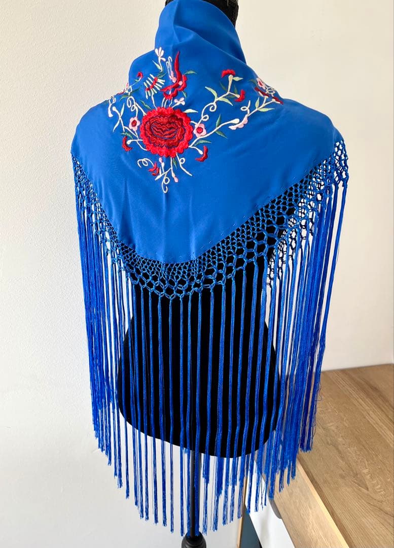 フラメンコ　刺繍シージョ　ロングフレコ　ロイヤルブルーxマルチカラー刺繍