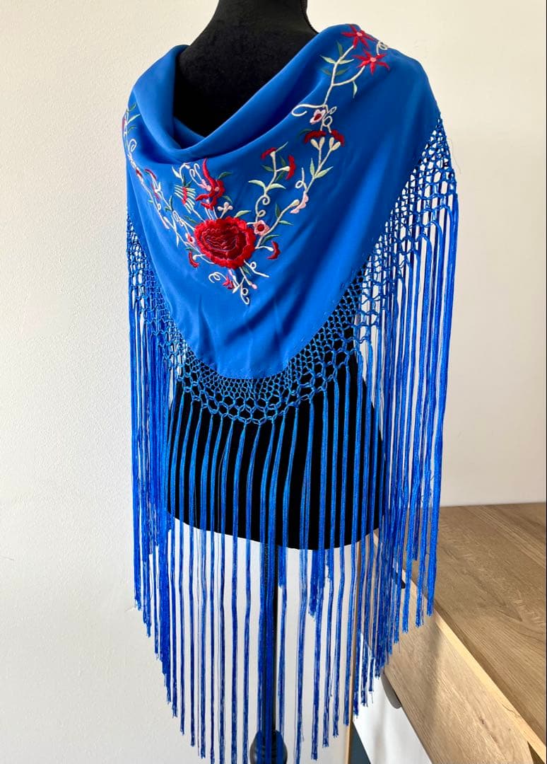 フラメンコ　刺繍シージョ　ロングフレコ　ロイヤルブルーxマルチカラー刺繍