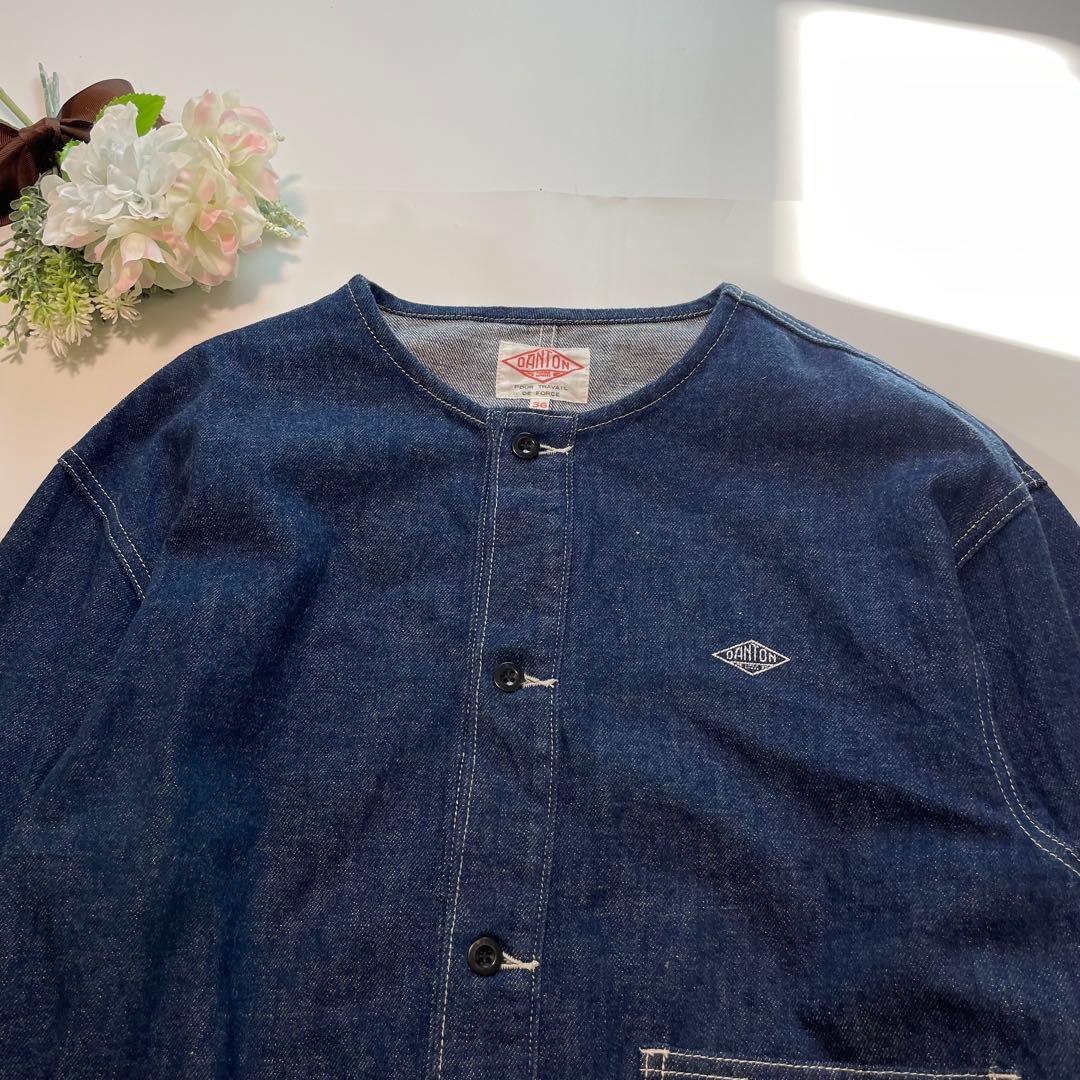 トレンド✨ダントン デニムジャケット ノーカラー インディゴ 36 M ロゴ