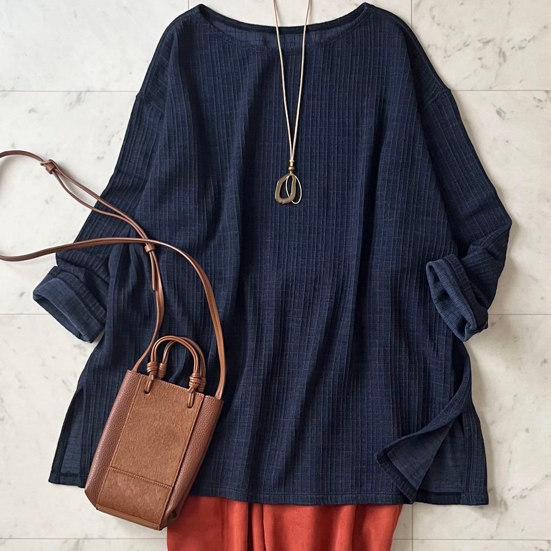 美品＊ヨーガンレール ウールクルーネックカットソーM ネイビー紺 長袖 ゆったり