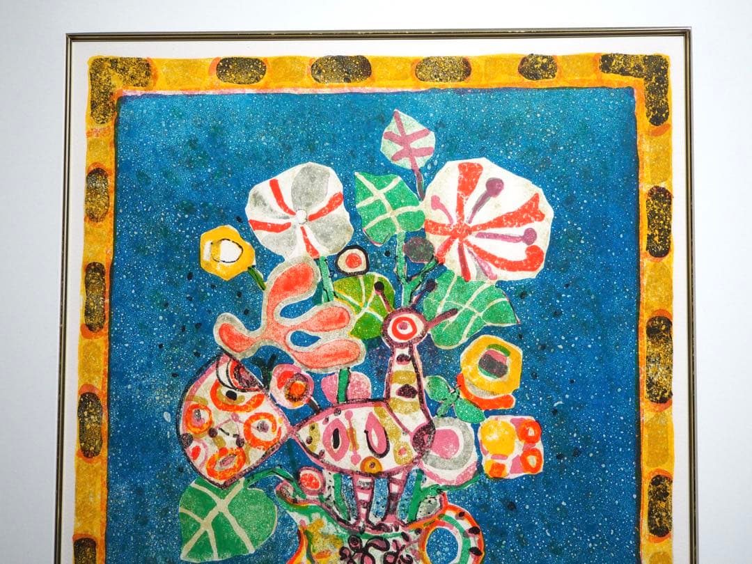 ワ*コ様 真作■ポール・アイズピリ 版画 青い背景の花 直筆サイン■絵画 リトグ