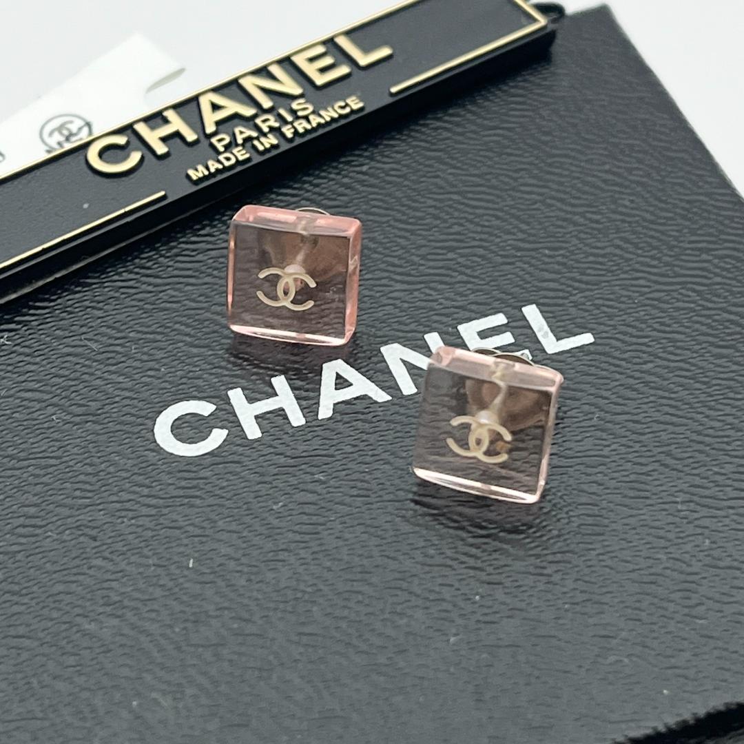 CHANEL シャネル スクエア ピンククリア SV 両耳用 ピアス 箱・タグ付