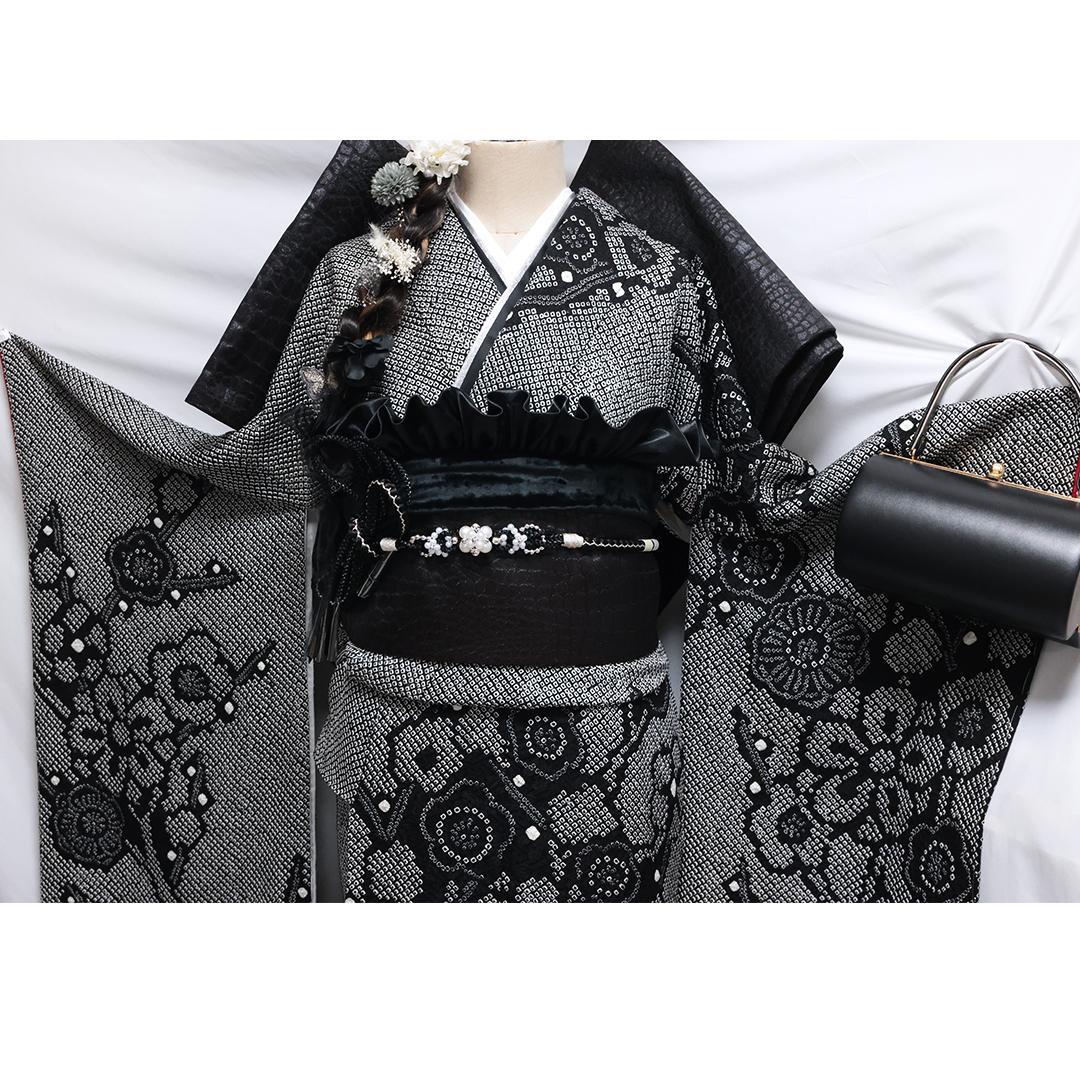 【極美品！】新古品◆ 振袖6点セット ◆総絞り丈160cmフルセット黒44Sb