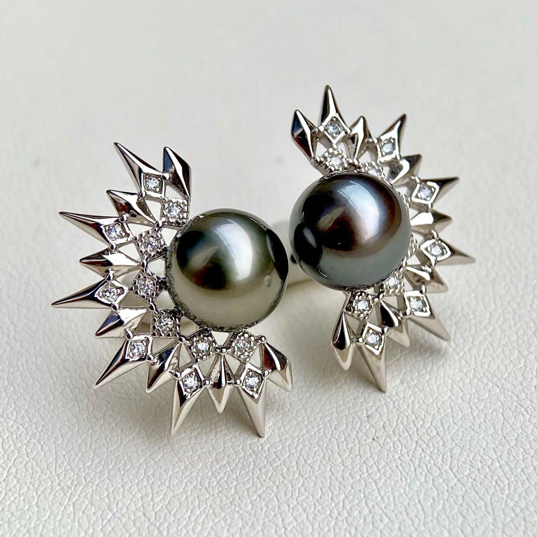 本真珠南洋黒蝶真珠グリーンブルー8.9㍉s925ピアスBL935