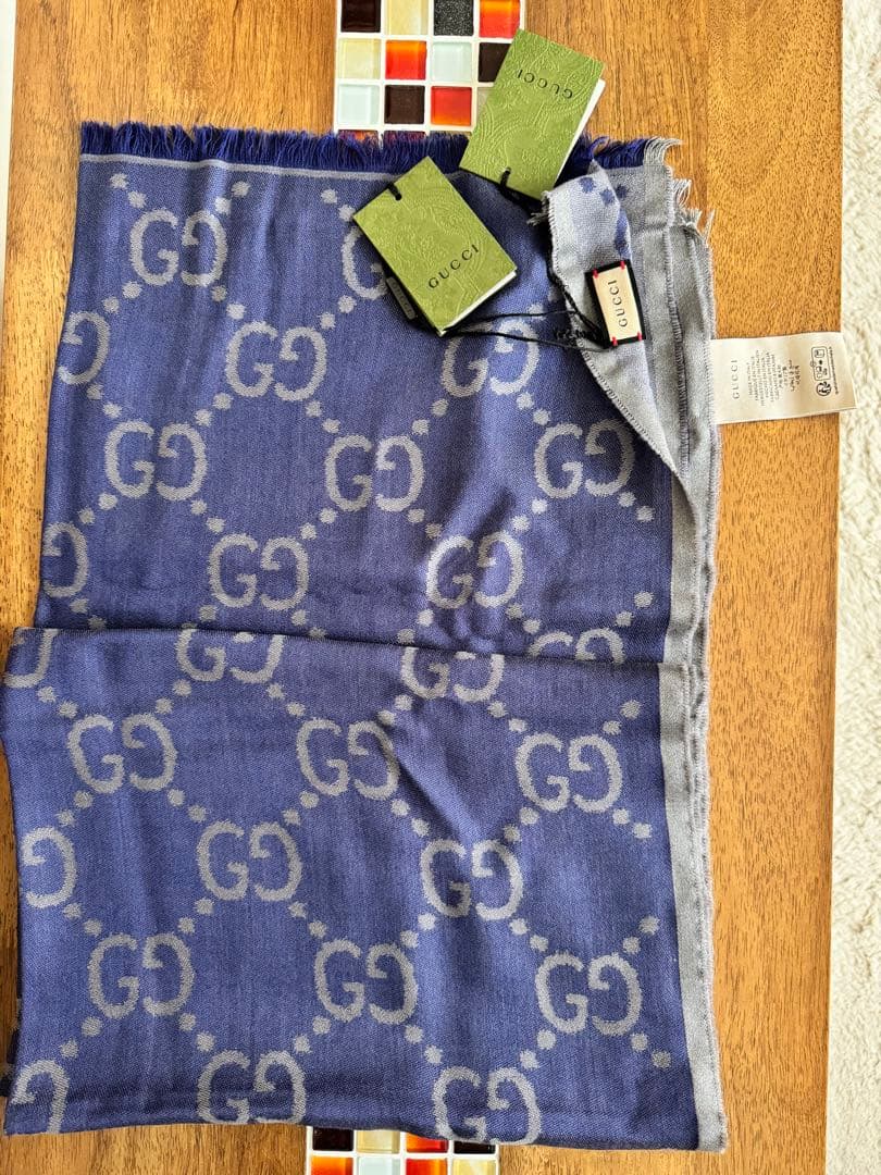グッチ　GUCCI GGロゴ マフラー ネイビー ウールシルク