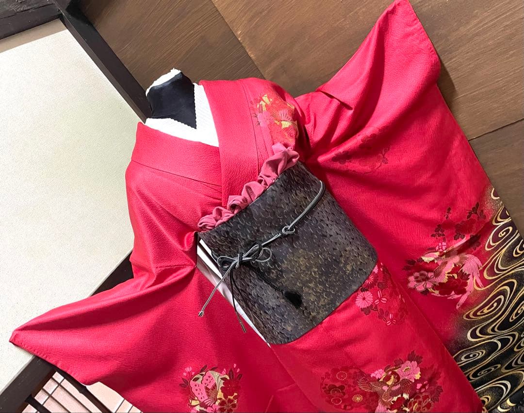 振袖フルセット6点サイズM〜Ｌ鳳凰花蝶丸文　暈し染め　金銀彩　金糸　正絹