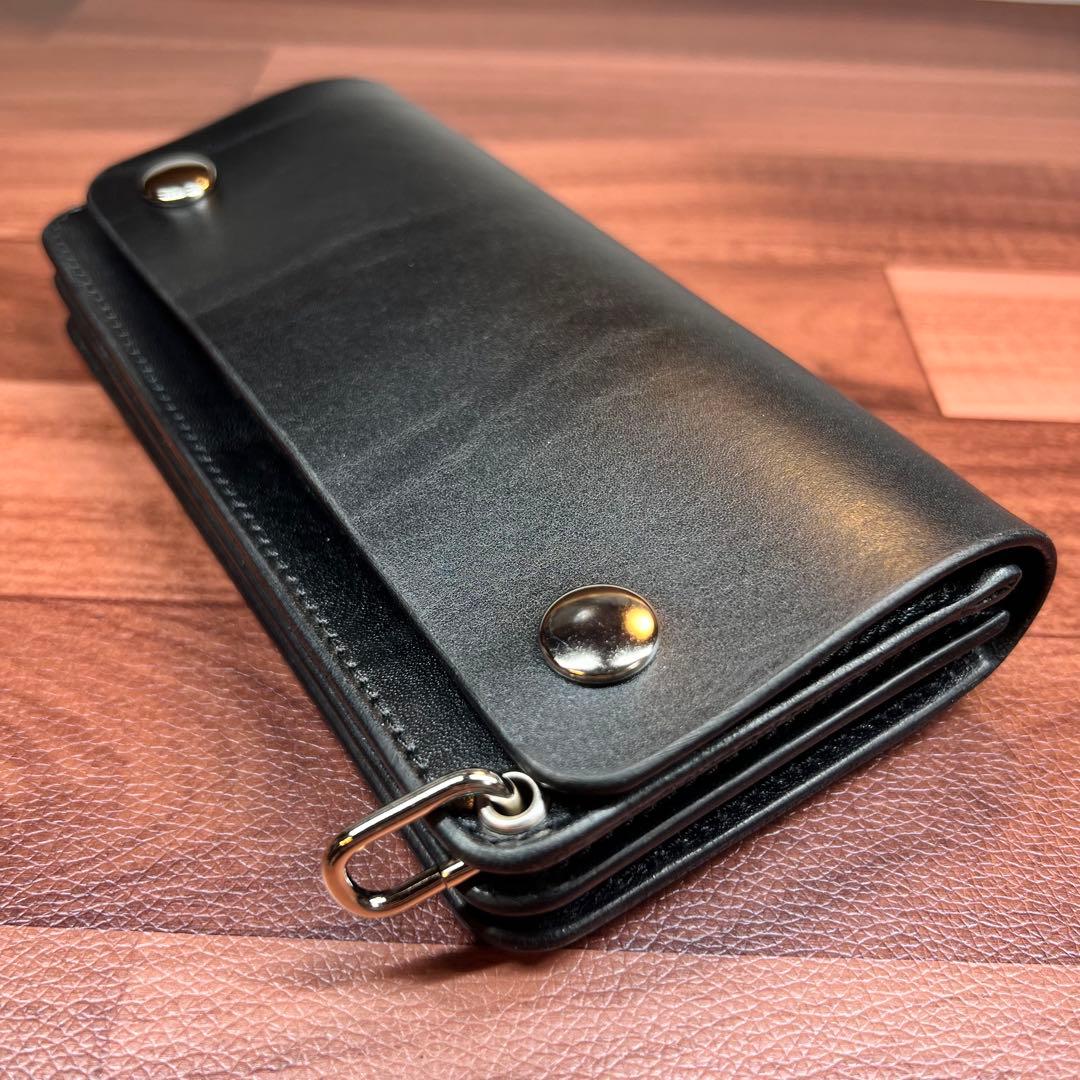 【トラッカーウォレット ロング 3層】 ブラック シルバー　北米産ステアハイド