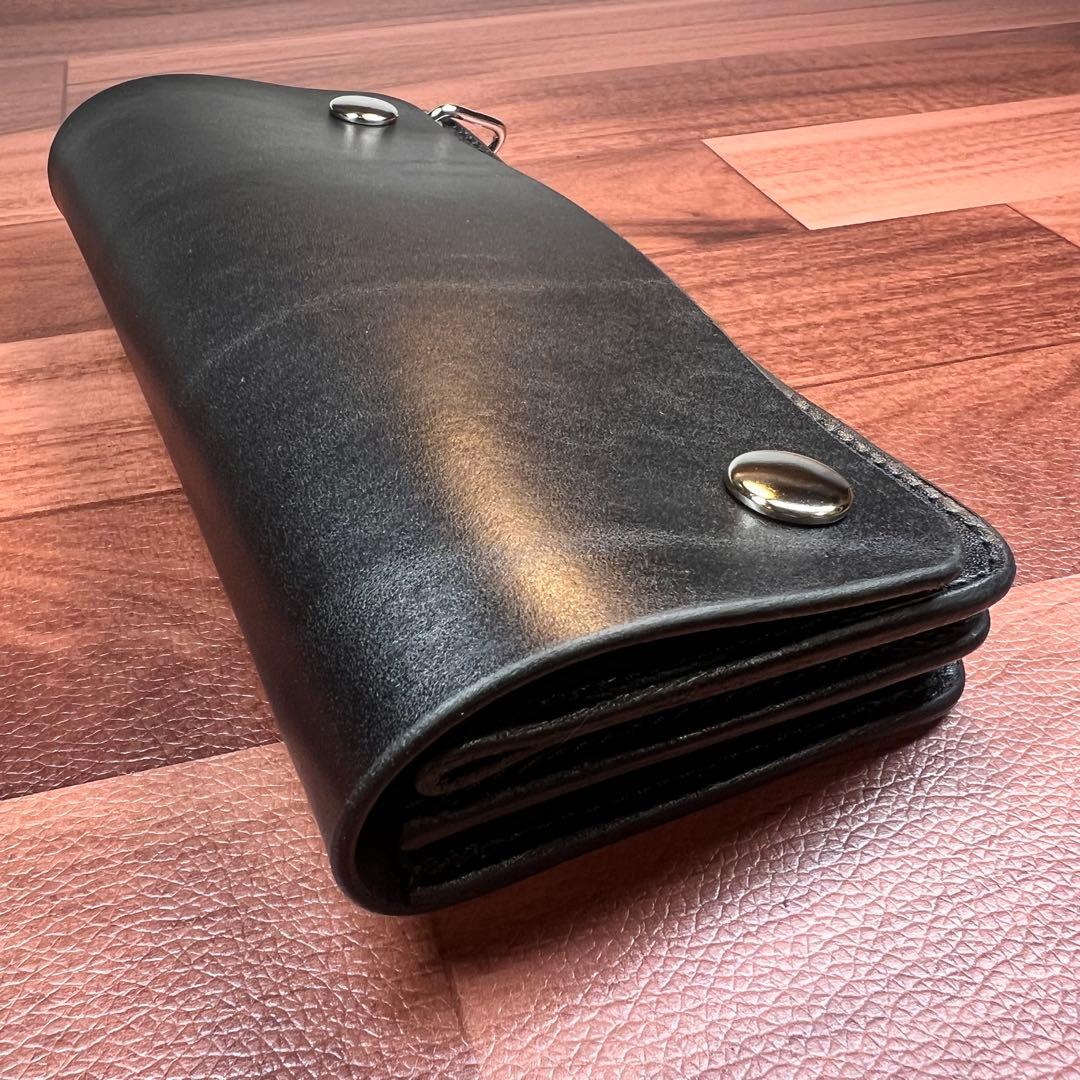 【トラッカーウォレット ロング 3層】 ブラック シルバー　北米産ステアハイド