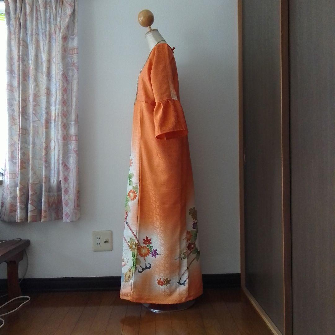 着物リメイクワンピース 振袖ドレス 花車オレンジ
