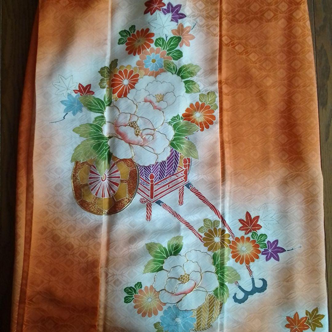着物リメイクワンピース 振袖ドレス 花車オレンジ