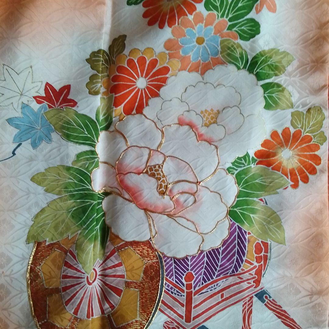 着物リメイクワンピース 振袖ドレス 花車オレンジ