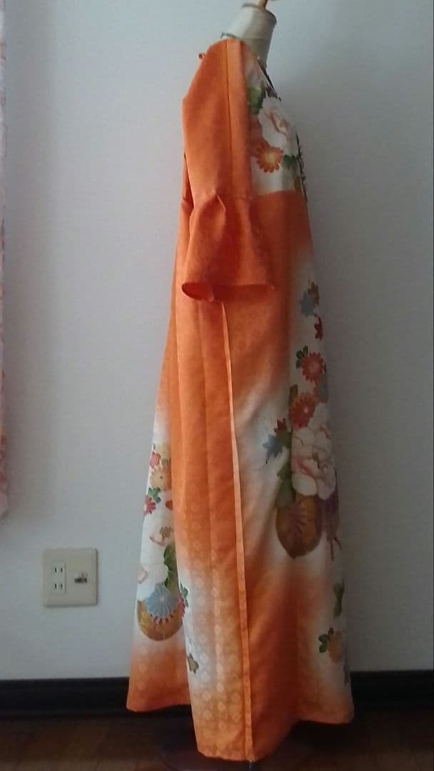 着物リメイクワンピース 振袖ドレス 花車オレンジ
