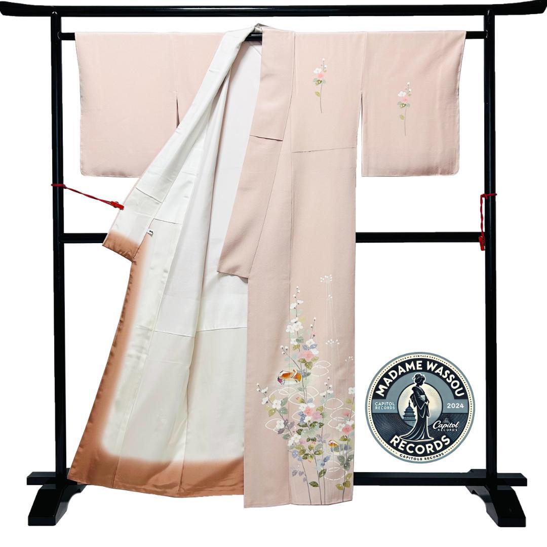 訪問着 着物 裄丈65 正絹 加賀友禅染 未使用 ピンクベージュ Ｍ寸 MWR