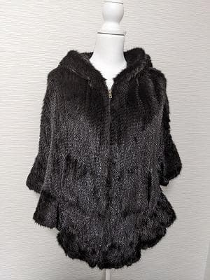 070　ミンク　毛皮　フード付き　ポンチョコート　マント　ジップ　リアルファー