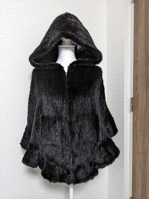 070　ミンク　毛皮　フード付き　ポンチョコート　マント　ジップ　リアルファー